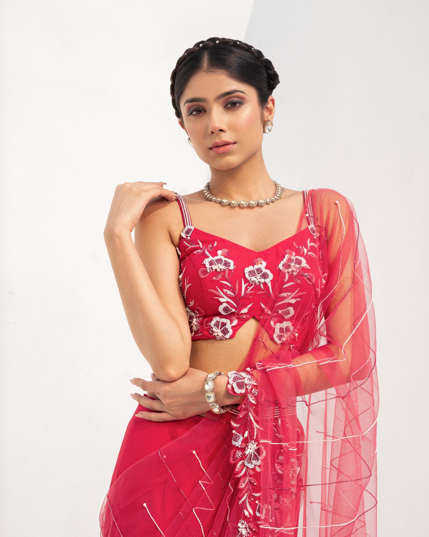 Carmine draped sari